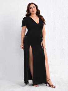 Firerie Plus Solid Split Thigh Dress - Black - View 6