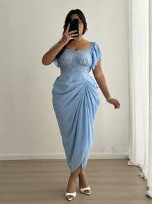 Celure Abito midi arricciato e svasato da donna con scollo a cuore, in jacquard e chiffon, con balze, di colore blu, in stile romantico da vacanza, per taglie forti
