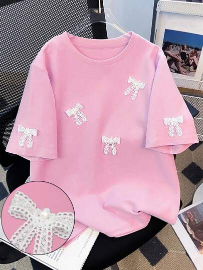 SHEIN Handmade Beaded Bow Decor Oversized Mid-Length Round Neck Drop Shoulder T-Shirt For Women