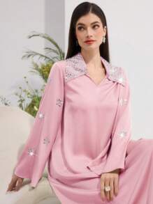 Al Najma 女士优雅水晶装饰喇叭袖阿拉伯风格连衣裙 - 粉色 - 查看 4
