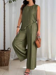 EMERY ROSE Set de 2 piezas de talla grande para mujer, con camisa de cuello redondo sin mangas y pantalones de unicolor - Verde militar - Ver 3