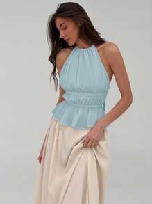 Aloruh 优雅挂脖性感露背甜美纯色褶饰系带吊带背心