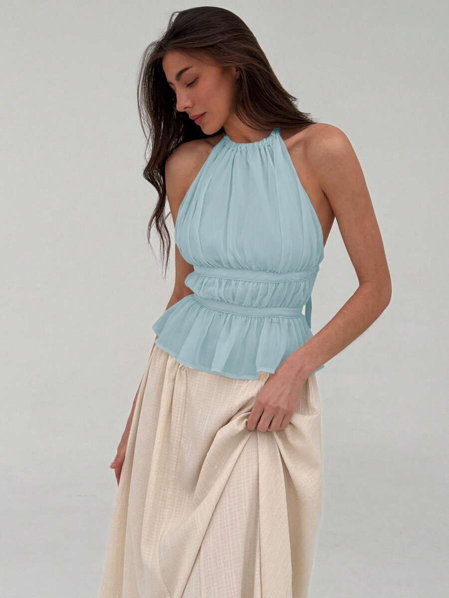 Aloruh 优雅挂脖性感露背甜美纯色褶饰系带吊带背心