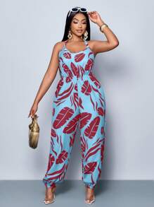 SOLERSUN 2025 Spring Summer Sleeveless Holidany Tropical Print Halter Jumpsuit - Burgundy - View 7