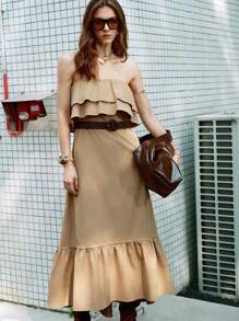 SHEIN LUNE Váy ống dài thường ngày viền bèo nhún cho nữ - Màu Khaki - Xem 2