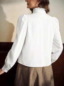 Vintamour Áo cánh nữ thanh lịch cổ điển có cổ nhún bèo, nơ cổ tay và chi tiết xếp nếp, áo sơ mi công sở dài tay thường ngày mùa thu cho nữ, quần áo dự tiệc mùa đông cho nữ, áo cánh mùa thu cho nữ, trang phục công sở - trắng - Xem 7