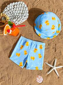 Cute Yellow Duck Printed Baby Boy Swim Trunks Set, With Bubbly Element, Perfect For Summer Beach - Multicolor - View 2