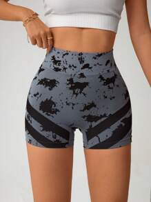 SHEIN Sport Studio Women's Silky Seamless Quick-Drying Mini Sports Shorts: Breathable Fabric With A Stylish Tie-Dye Print For Enhanced Workout Comfort