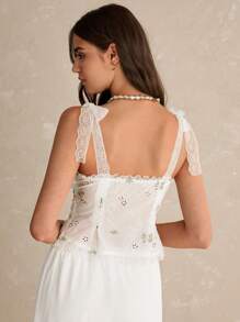 Poéselle Parte superior de tirantes con panel frontal de encaje bordado con floral, top de verano lindo, top bohemio chic para mujer