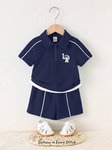 Cozy Pixies 2pcs/Set Baby Boy Color Block Polo Collar Short Sleeve Top And Elastic Waist Shorts Set