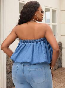 SHEIN SXY Two Ways To Wear Plus Size Women's Denim Tube Top, Minimalist Fashion, Suitable For Autumn Sundress Short Skirt Autumn Outfits For Women Festival Outfits Elegant Beach Vacation Outfits Women Autumn Tops - Blue - View 2