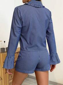 EURMUSE Women's Striped Bow Front Elegant Two Piece Set - Blue and White - View 2