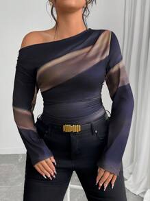 EMERY ROSE Plus Size Women Tie-Dye Print Asymmetric Neck Ruched Long Sleeve T-Shirt, Spring Fall Cloth For Women - Multicolor - View 7