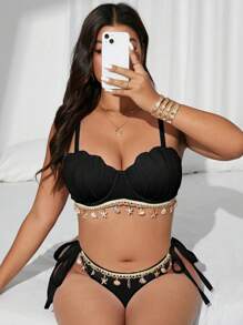 SHEIN Swim Curve 大码女式 2 件套纯色纹理面料钢圈文胸聚拢网眼装饰夏季海滩时尚度假优雅比基尼套装 - 黑色 - 查看 3