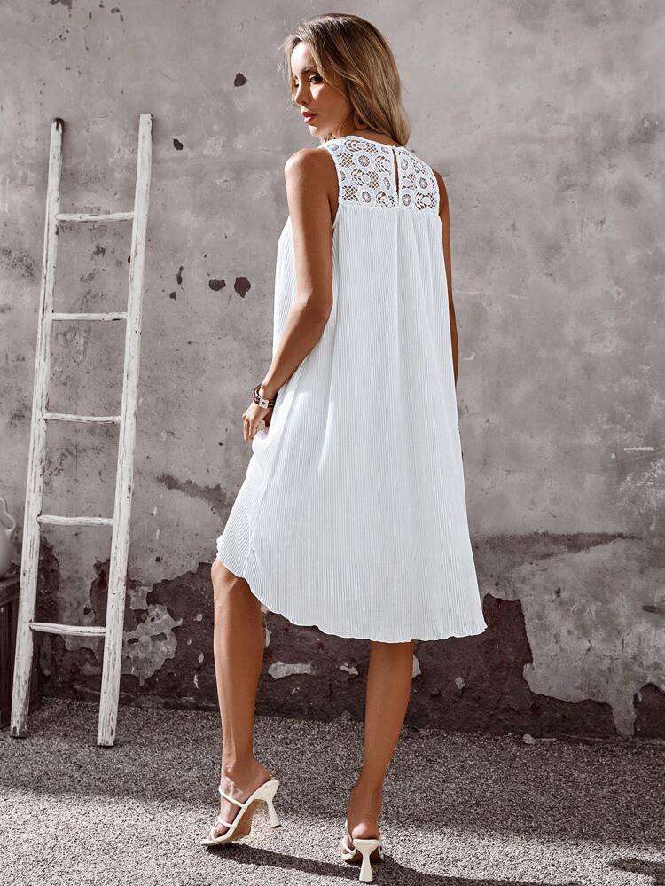 Ladies' Summer Vacation Casual Solid Color Lace Patchwork Mini Dress, White