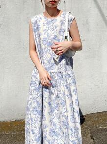 FRIFUL 女士蓝白瓷白无袖修身宽松复古风长款休闲连衣裙，撞色下摆，适合夏季邮轮旅行、夏季工作、夏季工作装、大码女式连衣裙、商务休闲装、度假装、花卉图案 - 藍色 - 查看 4