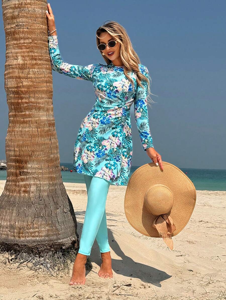 Swim Mulvari Women's Conservative Beach Vacation Plant Leaf Print Long Sleeve Top And Long Pants Burkini Set For Summer - Multicolor - View 1