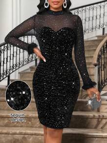 SHEIN Lady Robes d'anniversaire élégantes pour femmes pour toutes les saisons, robes de mariage, robes d'invitée de mariage, robes élégantes pour femmes, robes midi femmes avec maille brillante, patchwork, et sequins noirs - Noir - Voir 7