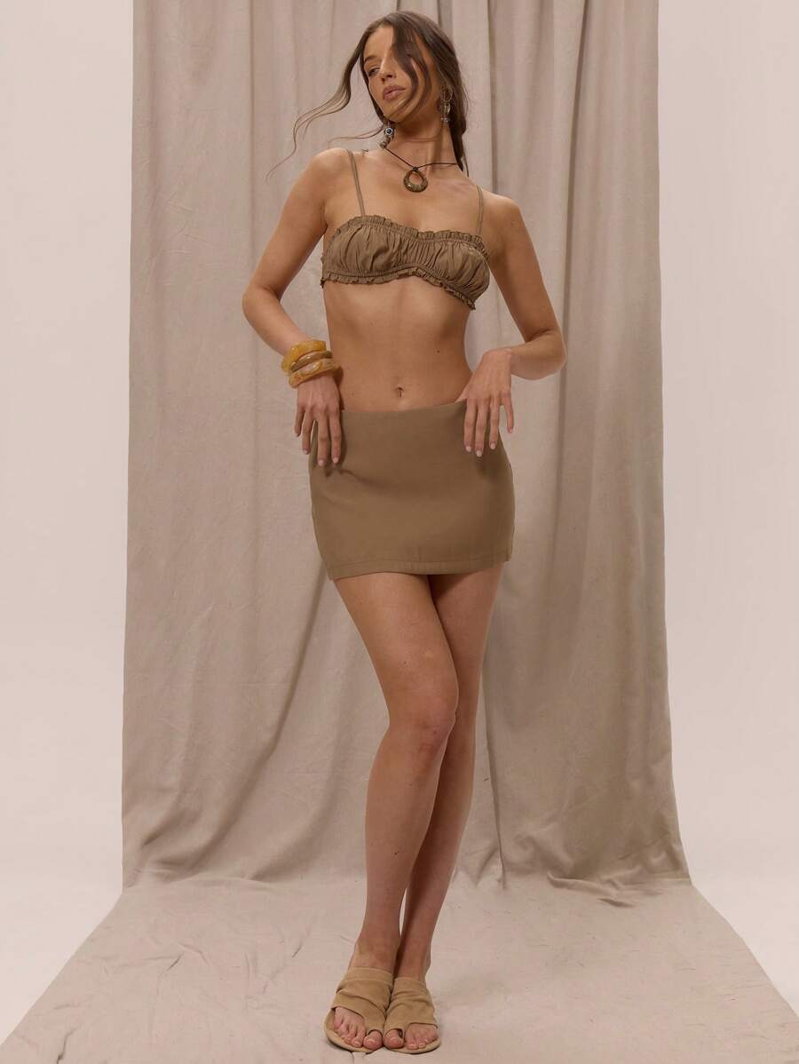 MUSERA Low Rise Tailored Mini Skirt Only Summer Vacation Holiday Elegant Beachwear Boho Romantic Ibiza Linen Feel Party - Chocolate Brown - View 1