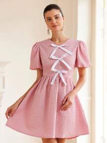 Aveloria Rosie Women's Mini Dress Solid Color Short Sleeve With Bow Decor   For Summer - Multicolor - View 6