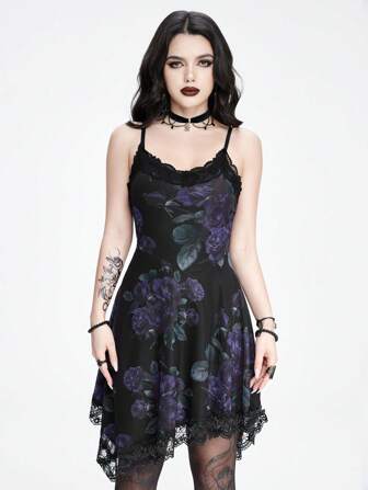 Goth Women's Vintage Rose Floral Allover Print Mesh Slip Dress