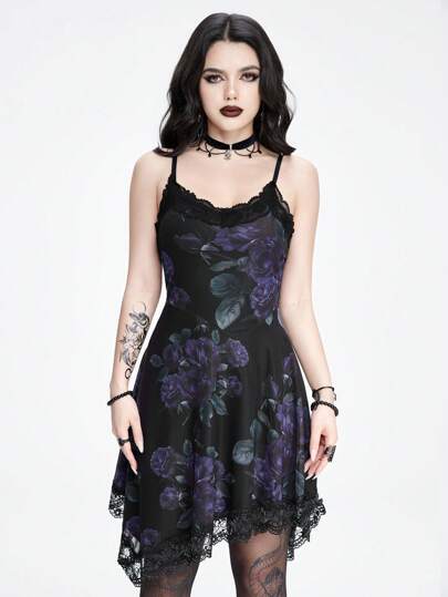 Goth Women's Vintage Rose Floral Allover Print Mesh Slip Dress