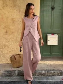 Selianne 2pcs Women Vacation Style Solid Color Single-Breasted Vest And Pants Set - Dusty Pink - View 4
