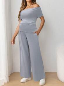 SHEIN 孕妇休闲可调节腰围直筒裤和短袖 T 恤套装 - 淺灰色 - 查看 5