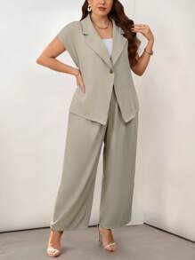 Firerie Große Größen Frühling/Sommer bequemer, legerer, eleganter Büro-/Pendler-Modernejacke mit Metallknöpfen mit Kurzarm und gerades Bein Anzug Hosen Set
