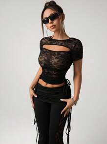 SHEIN ICON Sexy T-Shirt mit Spitzeneinsätzen und seitlicher Ziehkordel, geeignet für den täglichen Gebrauch und den Urlaub