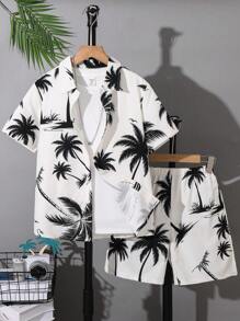 SHEIN 2pcs/Set Tween Boys Casual College Style Hawaiian Shirt & Shorts Set, Suitable For School, Commute, Daily Life, Sports, Spring/Summer