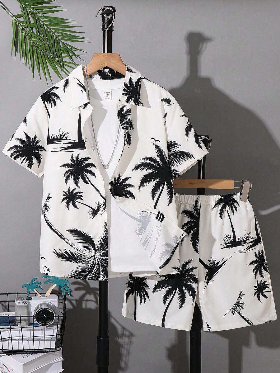 SHEIN 2件套男童休闲校服/度假印花衬衫短裤套装,适合通勤、上学、日常休闲穿着、运动、春夏穿着 - 杏色 - View 1