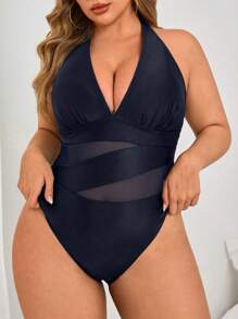 Swim Basics Plus Size Women Solid Color Mesh Panel V-Neck Strapless One-Piece Swimsuit For Summer Beach - Navy Blue - View 4