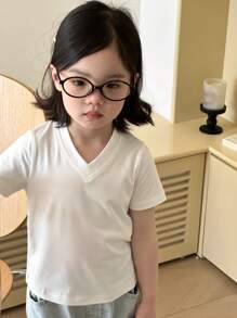 Dazy Kids Girls' V-Neck Knitted Short Sleeve T-Shirt, Summer