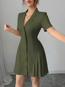 Elenzga Abito mini elegante da donna, a tinta unita, stile francese, con colletto alla coreana, decorazione con bottoni, vita segnata, gonna plissettata, maniche corte, adatto per pendolarismo, casual, vacanze
