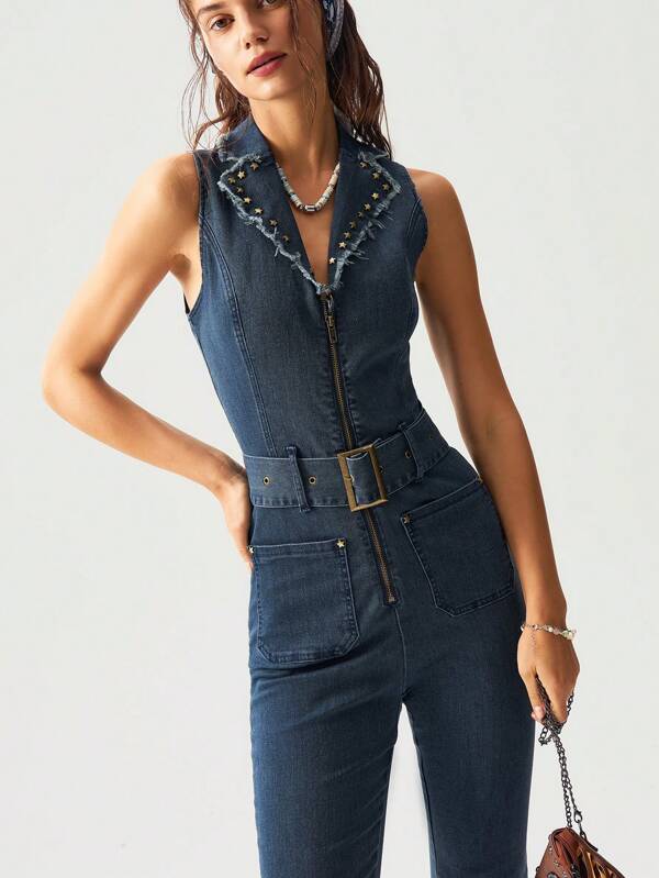 Bohemela BOHO Western Cowgirl Style Casual Plain Rivet Jumpsuit For Women