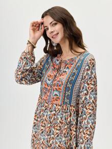 Miaspire Tie Neck Floral Print Lantern Sleeve Smock Dress
