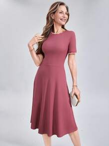 Miaspire Vestido de unicolor de longitud media con mangas cortas, simple y de moda, apropiado para el verano