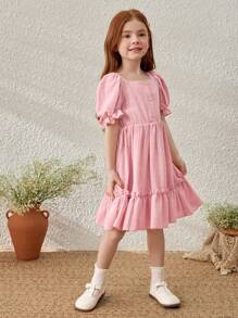 Blossori Young Girls' Elegant Pink Puff Sleeve Ruffle Hem Dress, Spring/Summer French Style - Pink - View 7