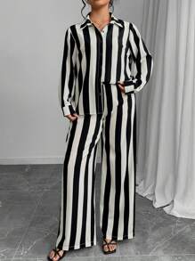 SHEIN Clasi Set de 2 pantalones informales a rayas y de unicolor para tallas grandes - Marrón Mocha - Ver 5