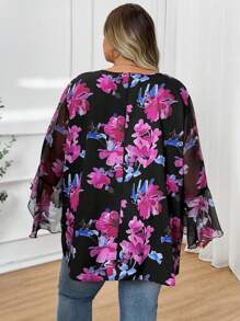 SHEIN CURVE+ 大码女式花卉印花喇叭袖雪纺上衣，优雅宽松，夏季，曲线加大码，波西米亚风度假海滩装，女士/海滩/海滩度假装/海滩必备品/毕业典礼/茶会