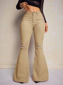 SHEIN SXY Casual Washed Ripped Slim Fit Flare Leg Jeans - Khaki - View 2