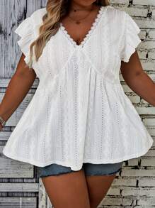 SHEIN CURVE+ Plus Size Summer Beach Vacation Lace Trimmed V-Neck Blouse,T-Shirt Boho Vacation - White - View 5