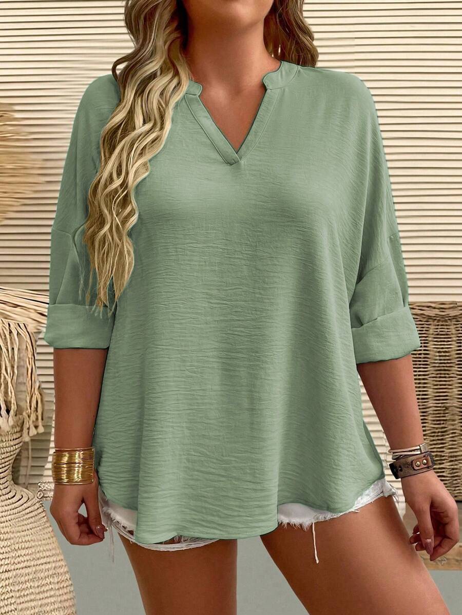 Blusa holgada de manga larga con cuello en V de unicolor para mujeres de talla grande - Verde - Ver 1