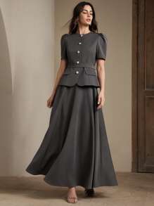 Women's Simple Elegant Commuter Chic Puff Sleeve Waist Flared Two Pieces Skirt Set, Valentine's Day, Summer, New Year - Grey - View 3
