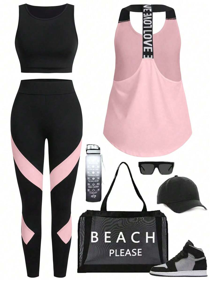 Easithlete 撞色拼接运动套装：背心和紧身裤健身女士套装