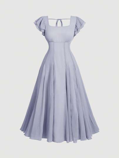 SHEIN MOD 大码蓝色迷你盖袖系腰长喇叭裙