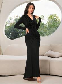 Modelyn Women's Solid Color 3D Floral Decor Slit Hem Elegant Dress