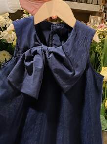 Sukienka dziewczęca z kokardą i jednolitym kolorem, bez rękawów, na co dzień - Granatowy - Zobacz 5