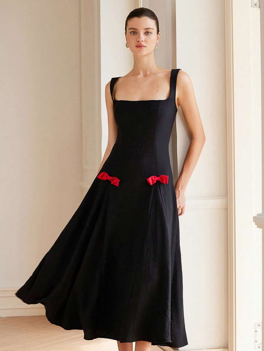 GENKIRA 甜美纯色 3D 花卉装饰修身腰部喇叭长裙 - 紅色 - 查看 1